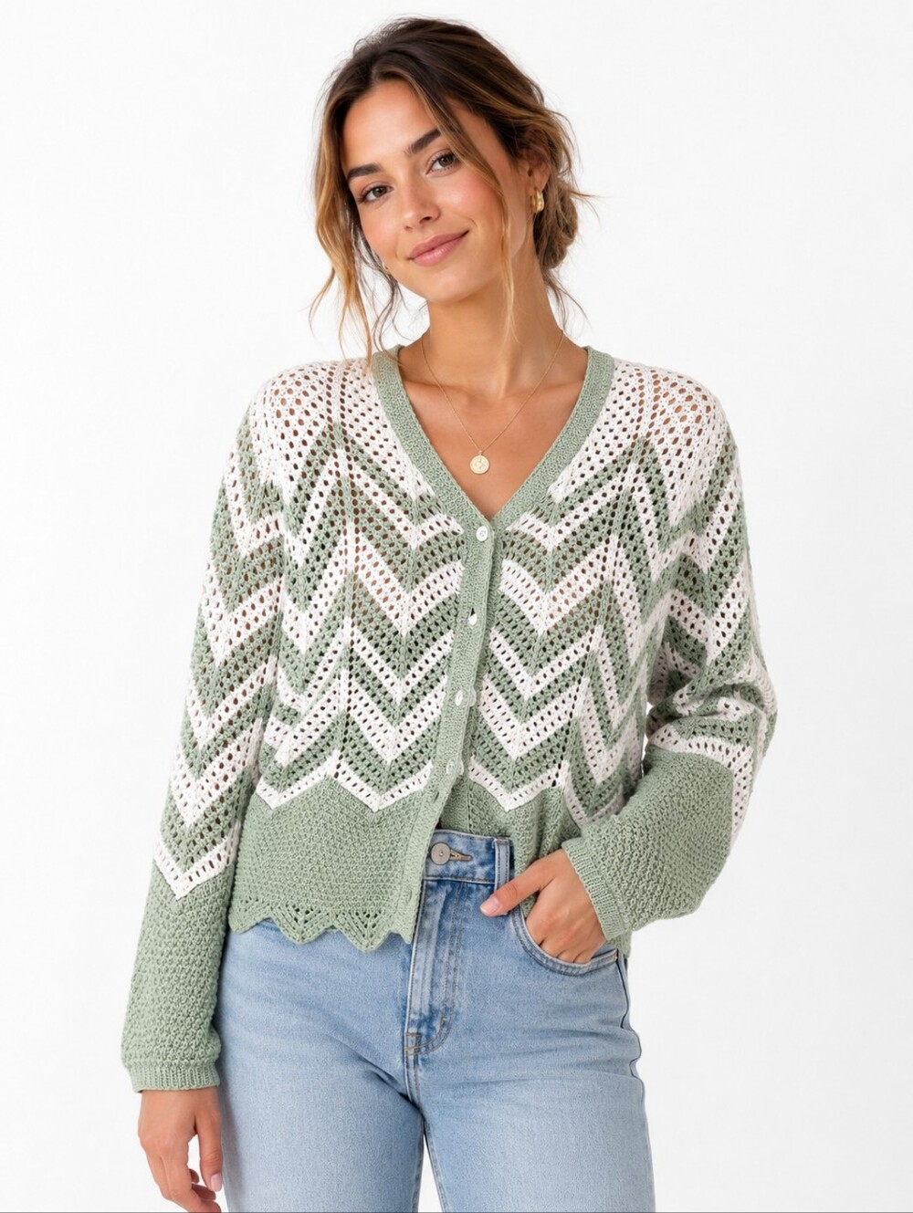 Guilty Sage Green & Cream Chevron Open Knit Cardigan Sweater Size P/S